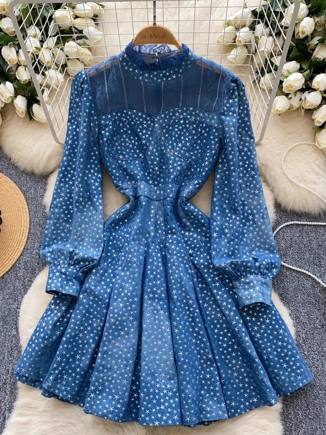 Starry Blue Long-sleeve Velvet Mini Dress, Spring Midi Dresses 2025