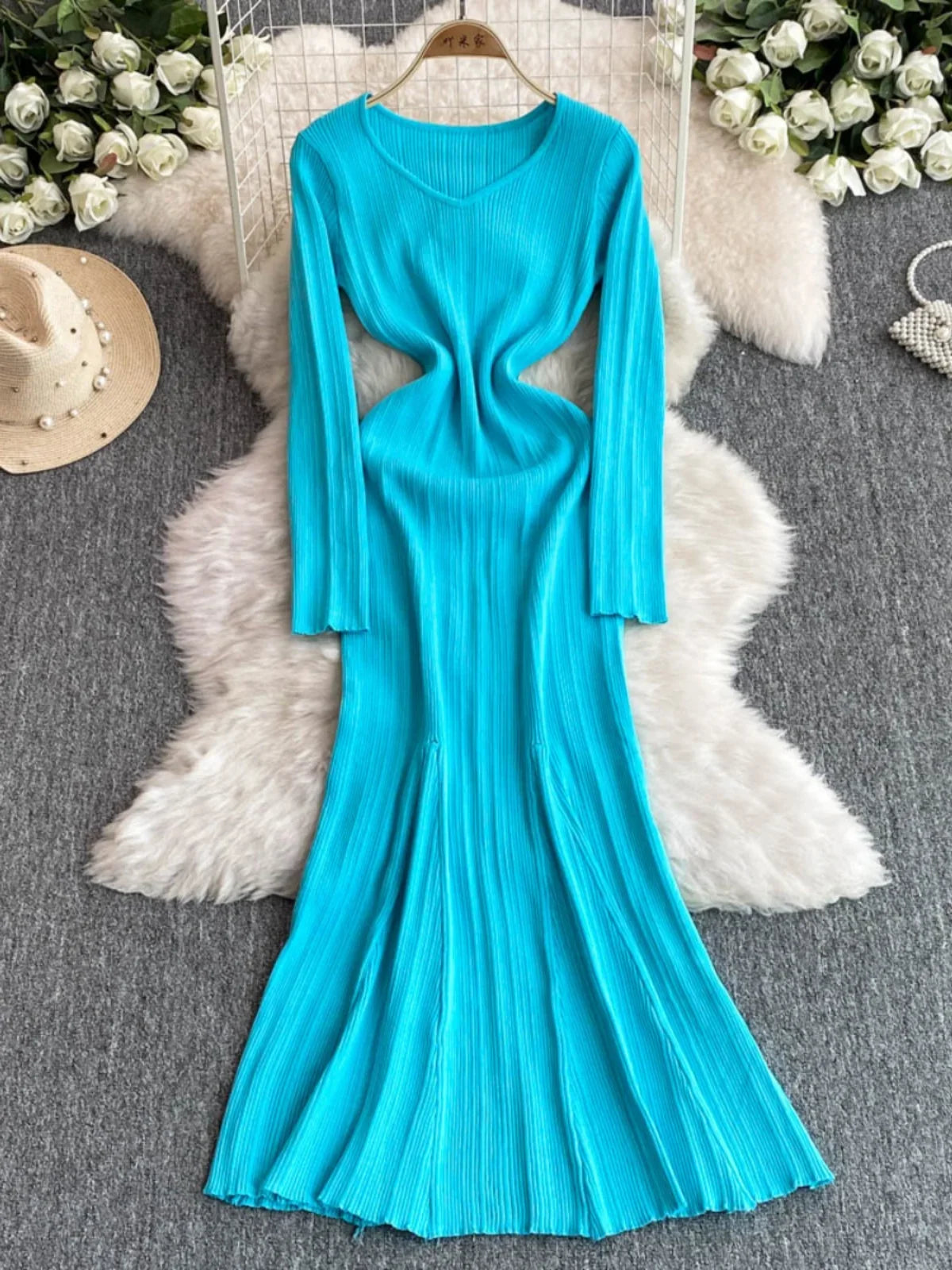 Vibrant Long Sleeve Blue Ribbed Knit Dress, Spring Midi Dresses 2025