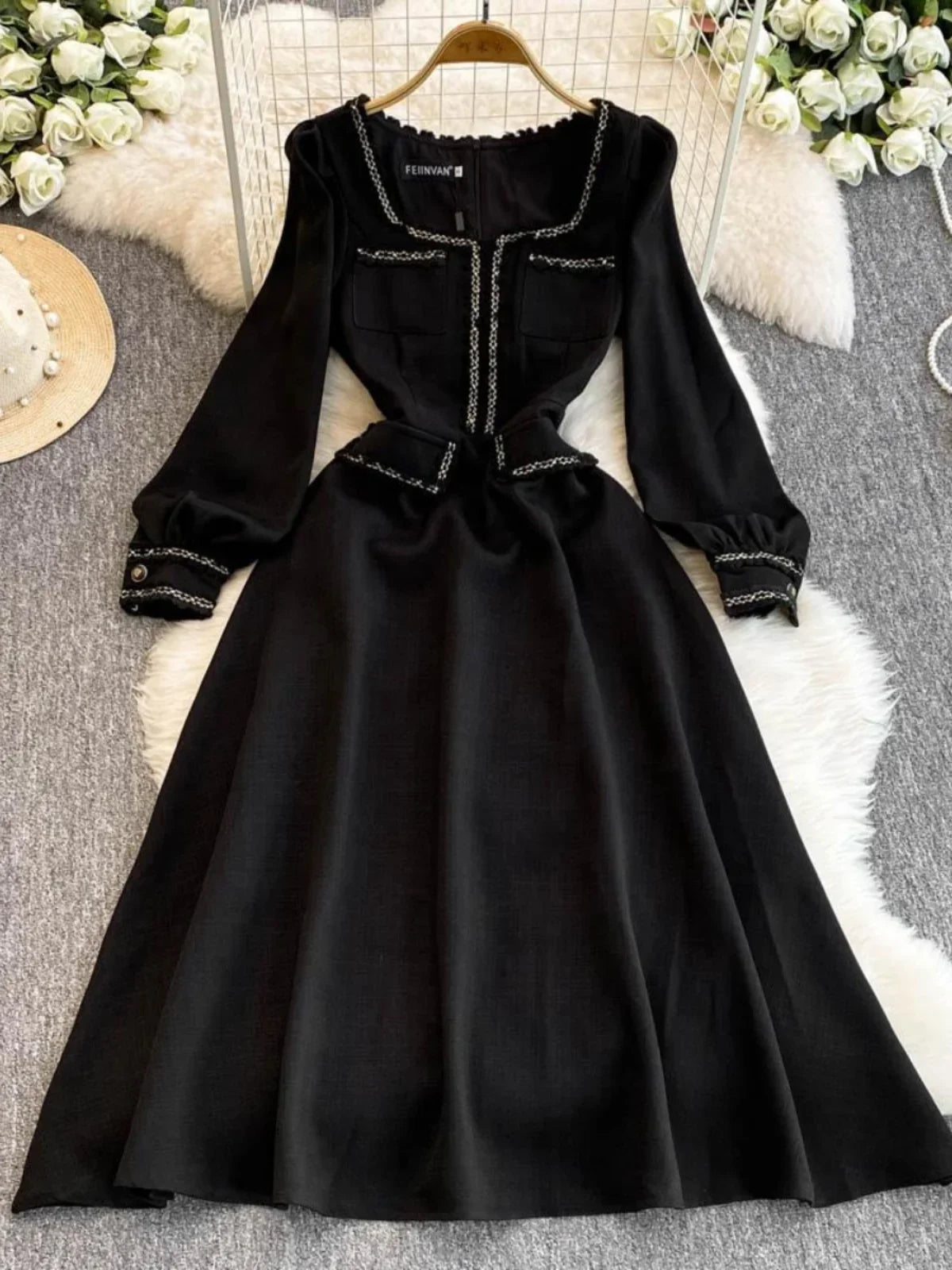 Black Long-sleeve Midi Dress With Lace Details