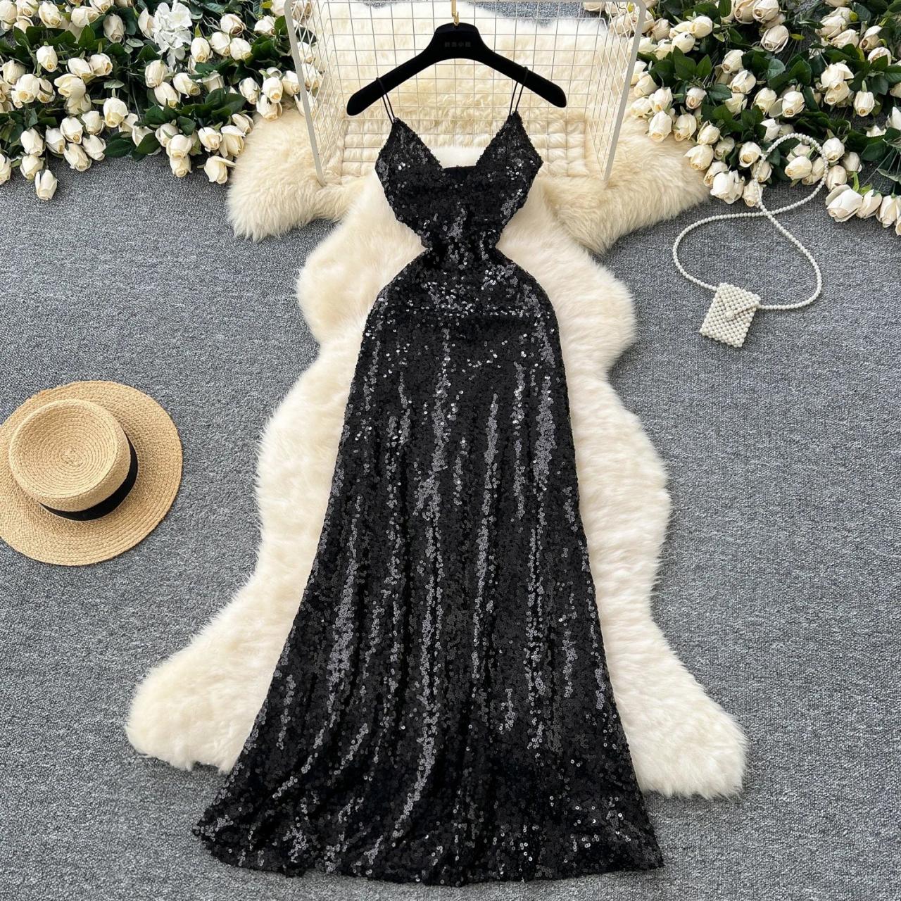 black glitter backless dress Glamorous in Glitter Black Long Sleeve Backless Maxi Dress