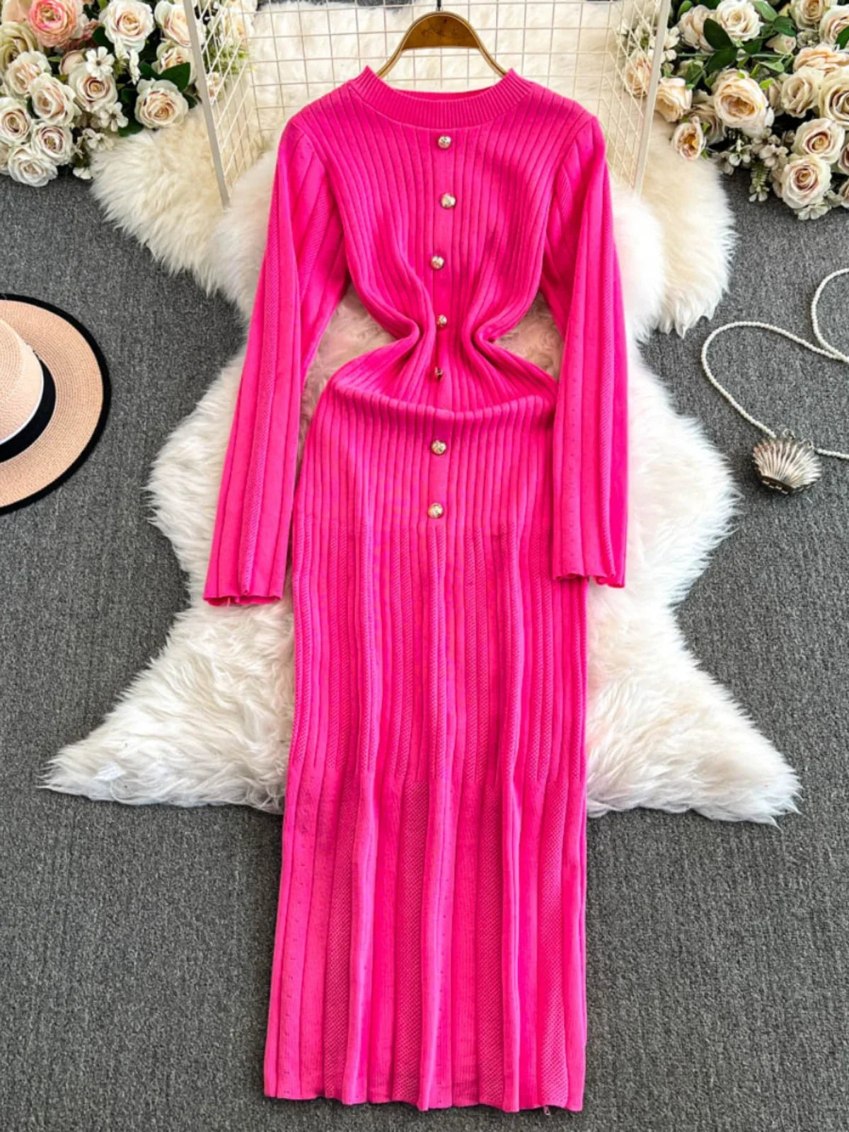 Vibrant Pink Ribbed Knit Button-down Maxi Dress, Spring Midi Dresses 2025
