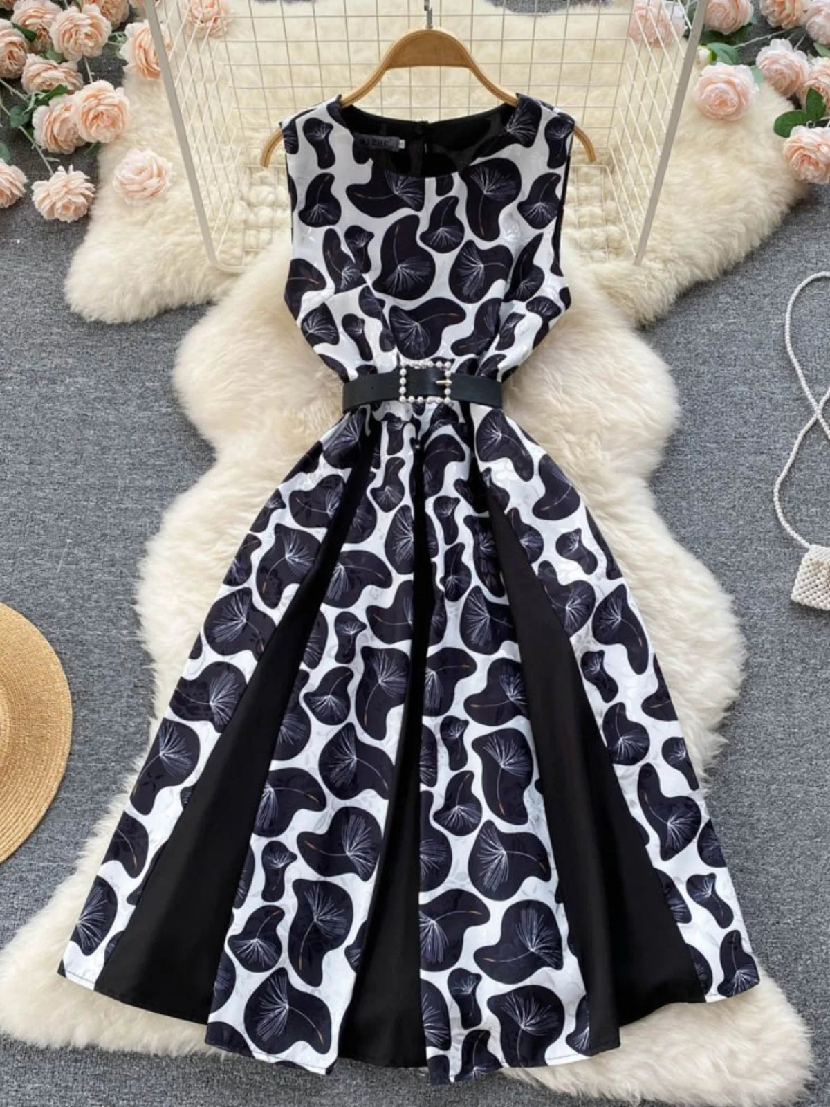 Sleeveless Black Floral Belted Summer Midi Dress 2025, Spring Midi Dresses 2025