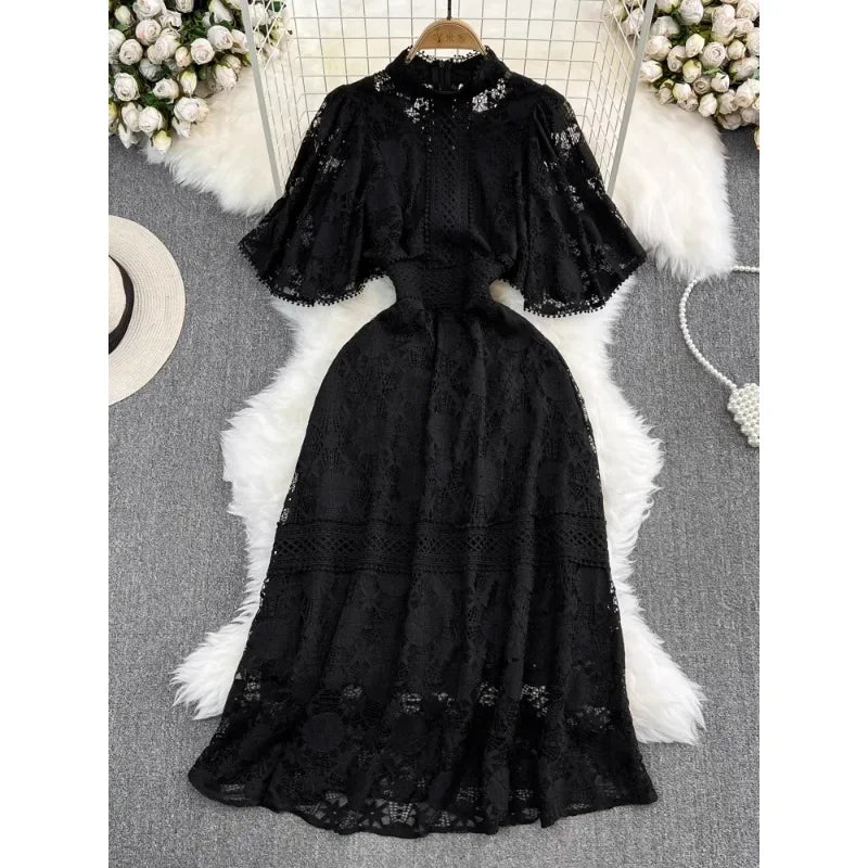 Vintage Black Lace Dress with Flared Sleeves, Spring Midi Dresses 2025