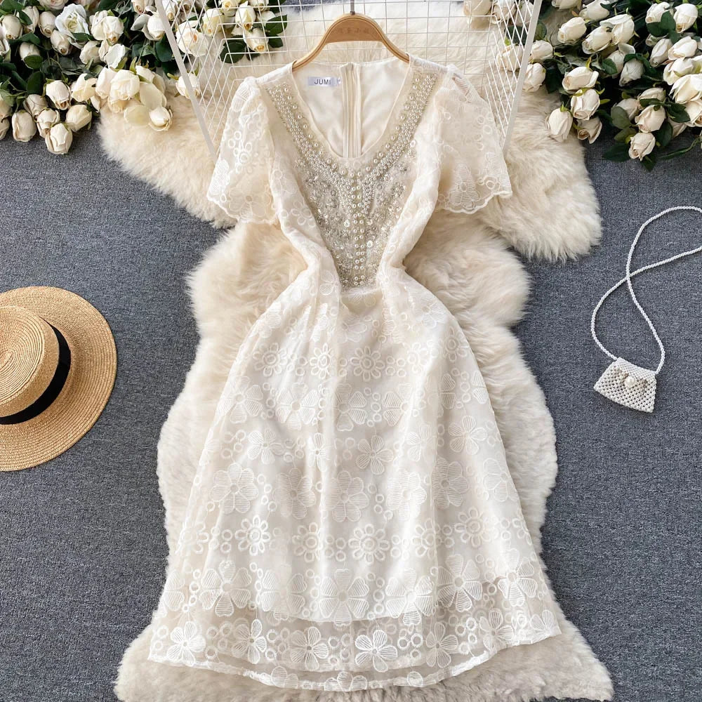 Embroidered Lace Short-sleeve Floral White Dress, Spring Dresses 2025 Summer Dresses 2025