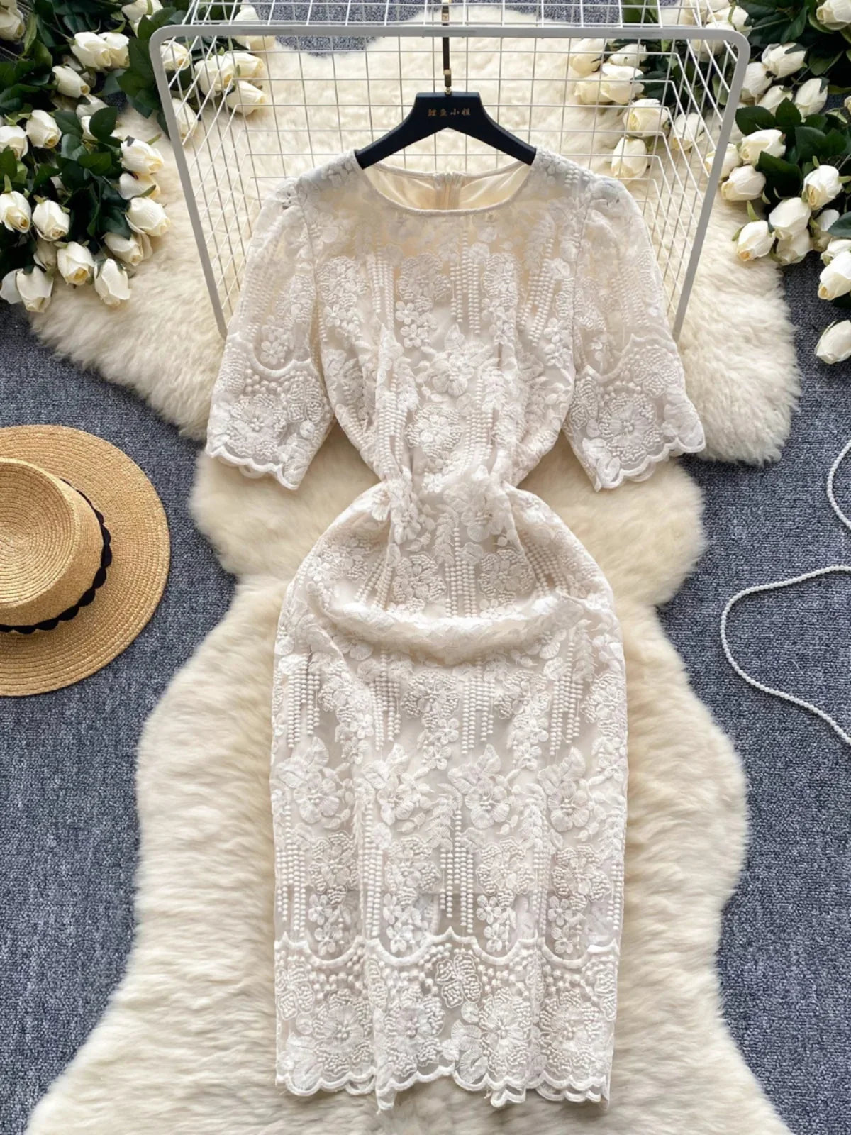 Lace White Dress With Floral Embroidery Design, Spring Midi Dresses 2025 Summer Dresses 2025