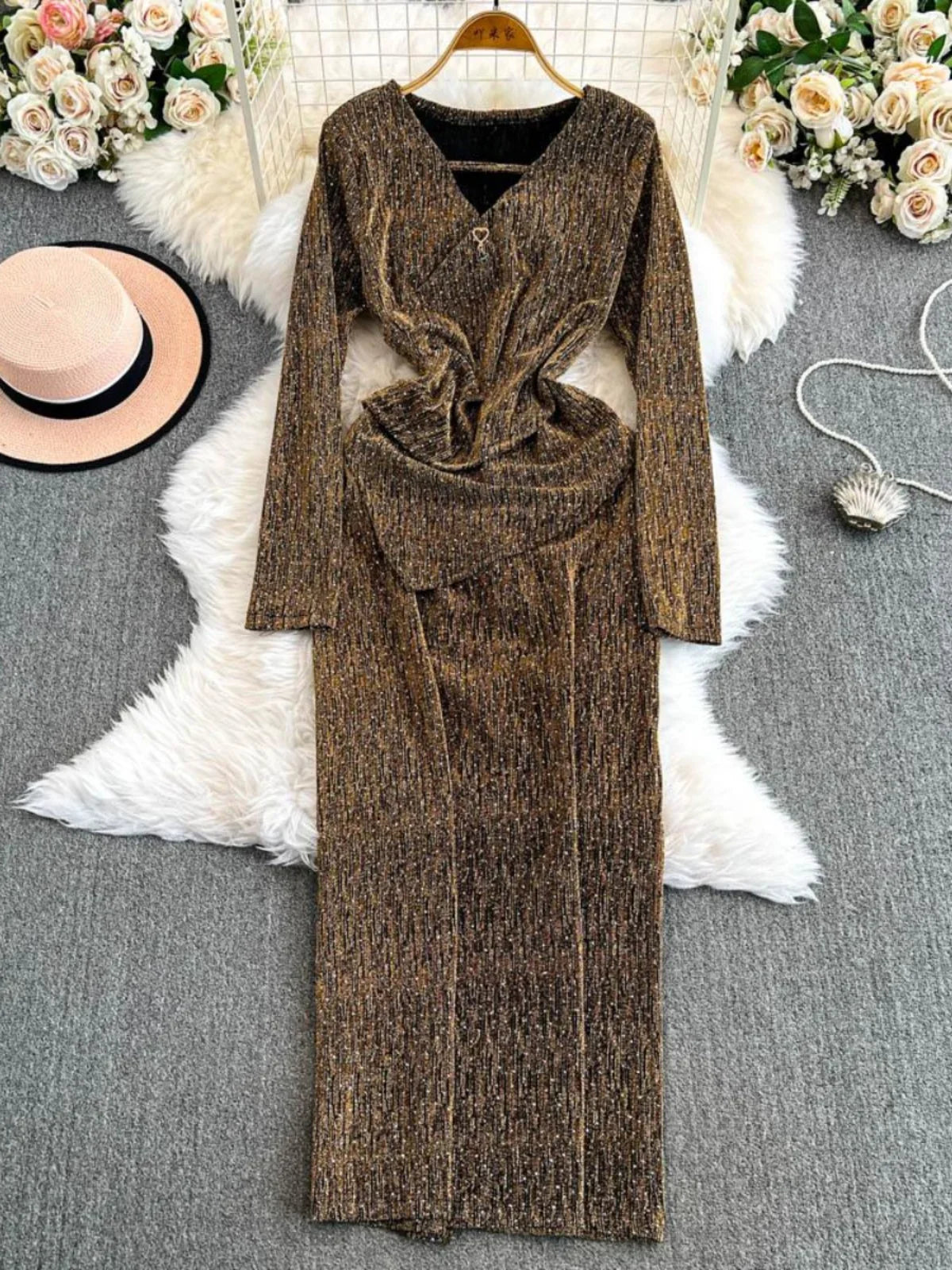 gold metallic wrap dress Embellished Sweetheart Sparkly Long Formal Dress main image 1