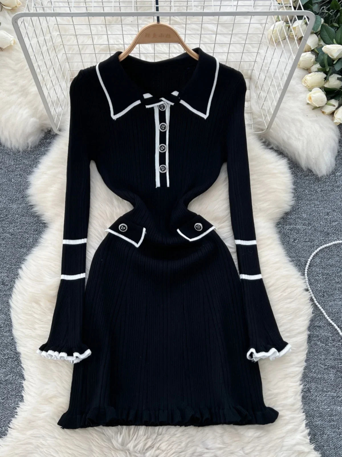 collared knit mini dress Ivory Trimmed Collar Knit Mini Dress XL