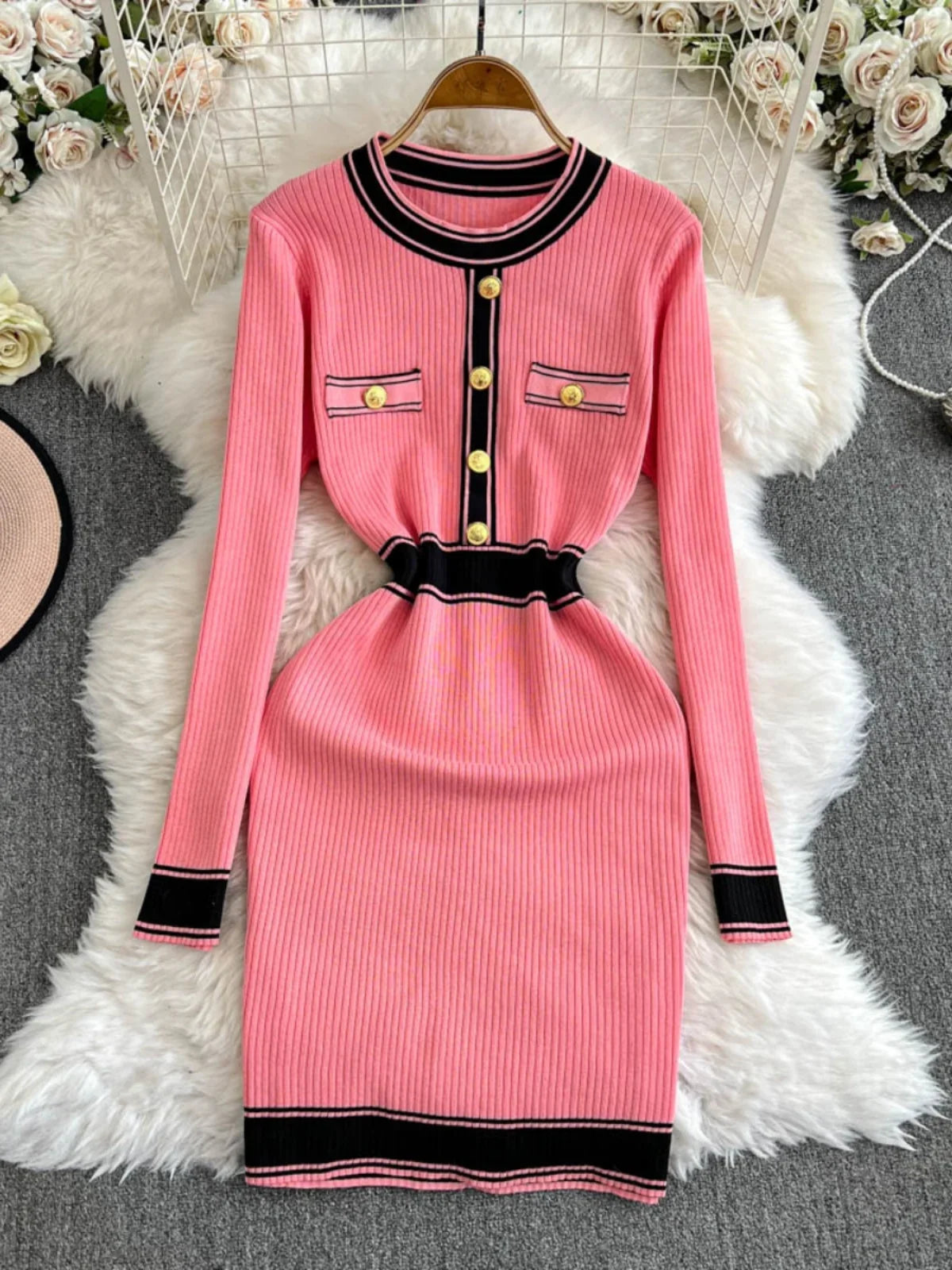 Ribbed Knit Dress With Gold Button Accents