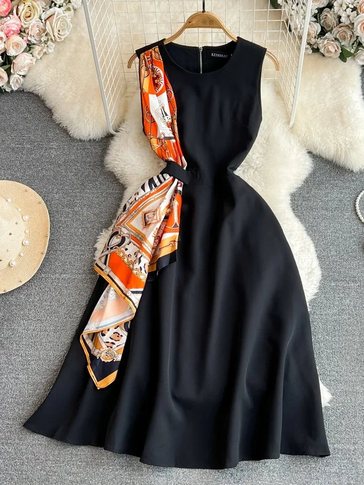 Black Dress With Vibrant Patterned Waist Accent, Casual Midi Dresses 2025 Spring Summer Dresses 2025