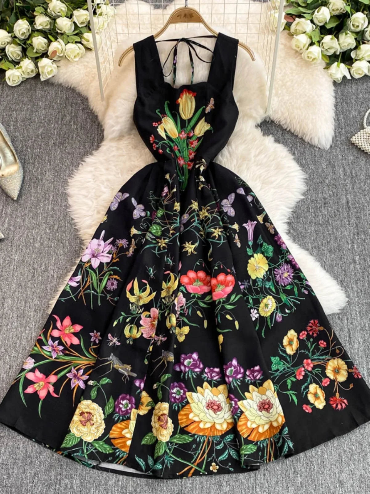 Floral Black Sleeveless Embroidered Maxi Dress, Casual Midi Dresses 2025 Spring Summer Dresses 2025