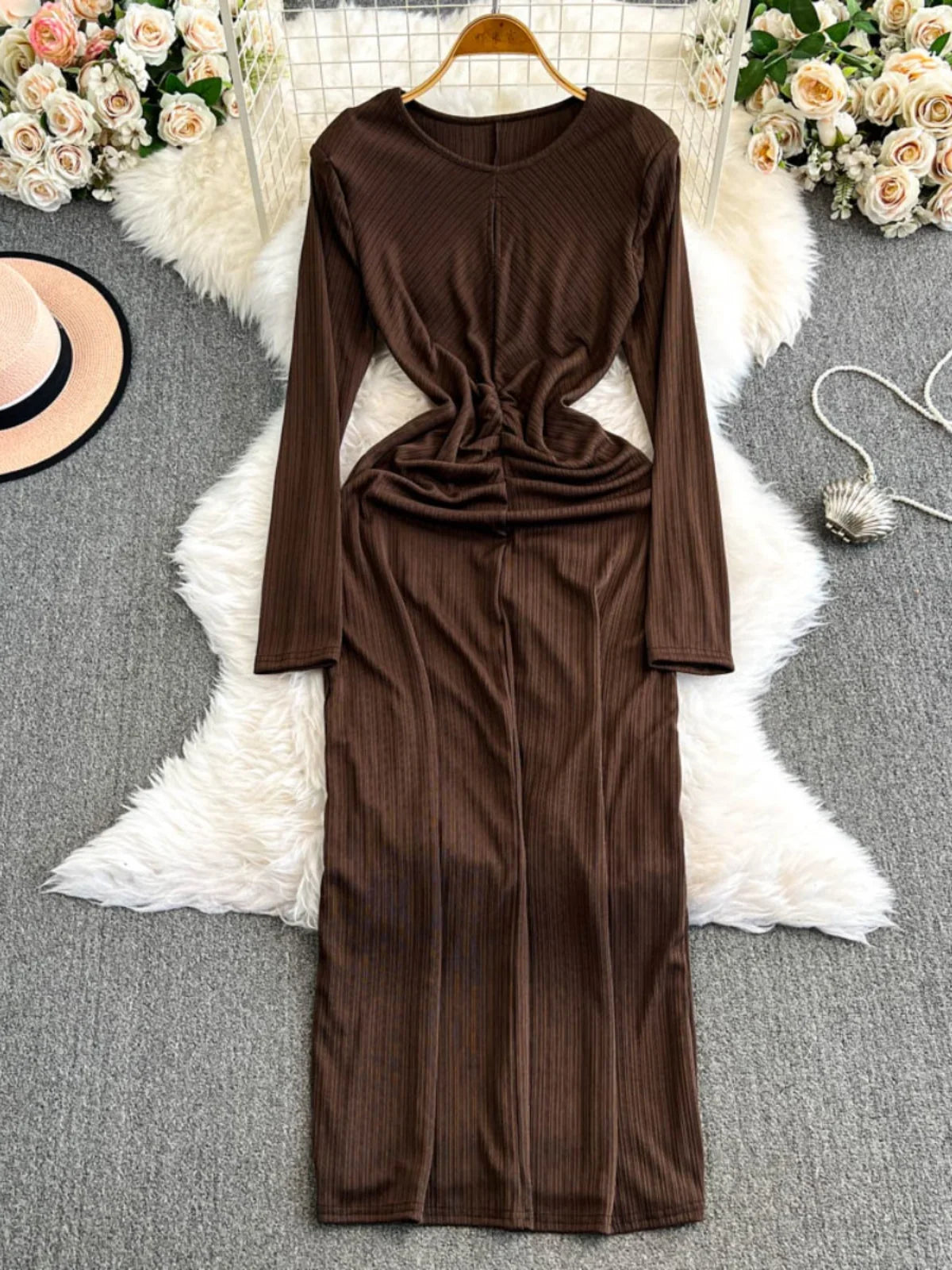 strapless open back dress Darya Compact Rib Ruched Midi Dress – shoprodeodrive main image 0