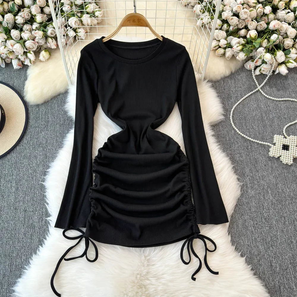 knee length dresses for ladies Ruched V-Neck Drawstring Ruffle Long Sleeve Mini Dress – Micas main image 0