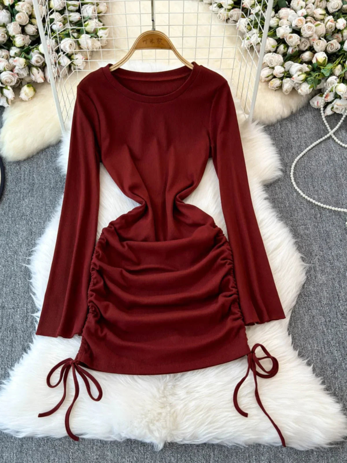 Ruched Drawstring Long Sleeve Bodycon Mini Dress on Luulla