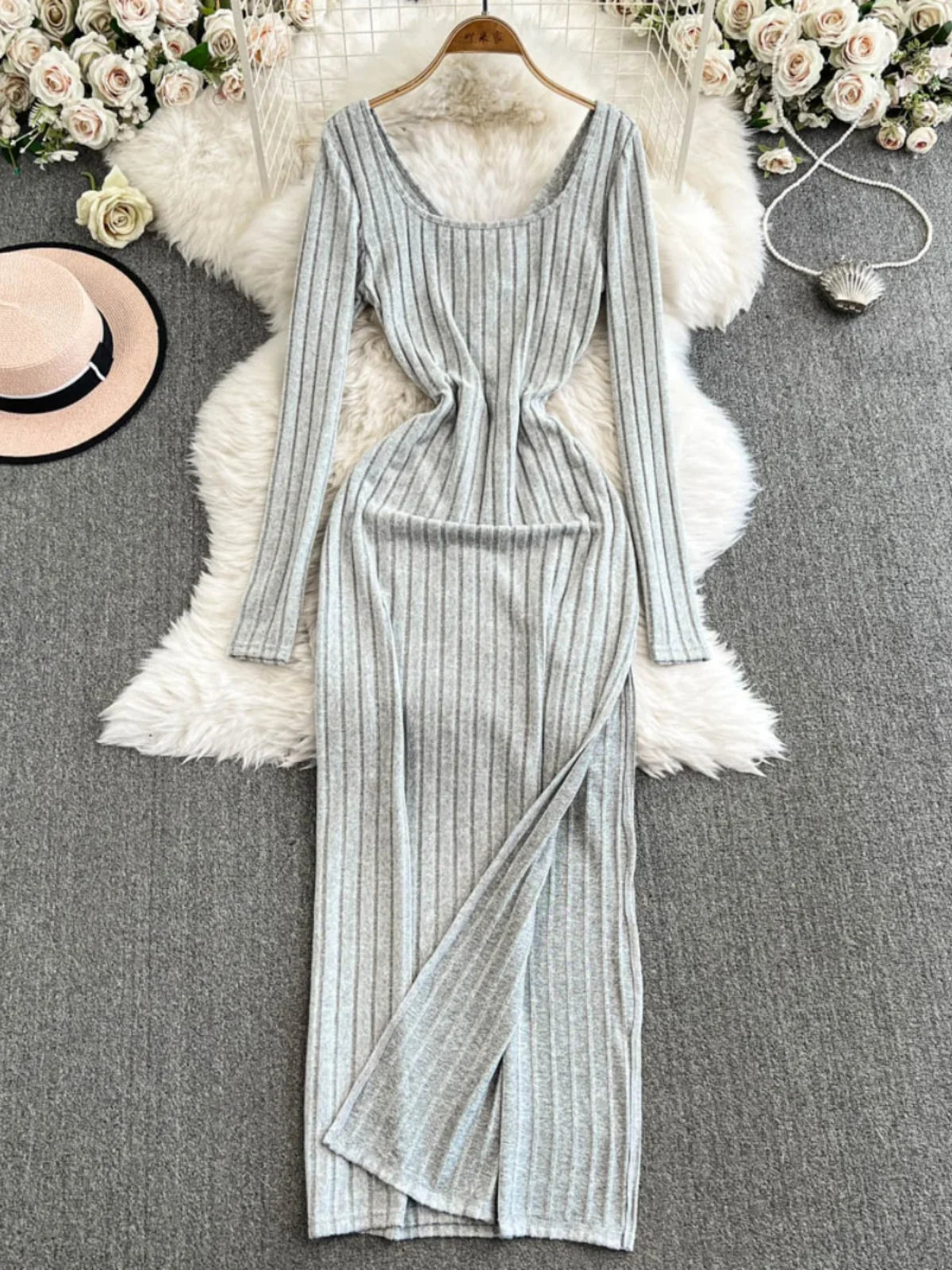Long Sleeve Ribbed Knit Bodycon Maxi Dress
