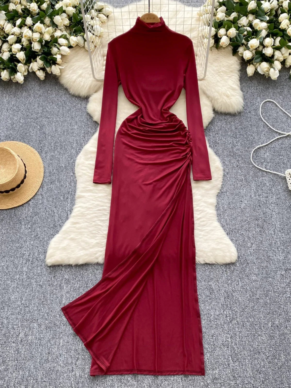 knee length dresses for ladies LESET Lauren Turtleneck Maxi Dress in Pinot in Jersey