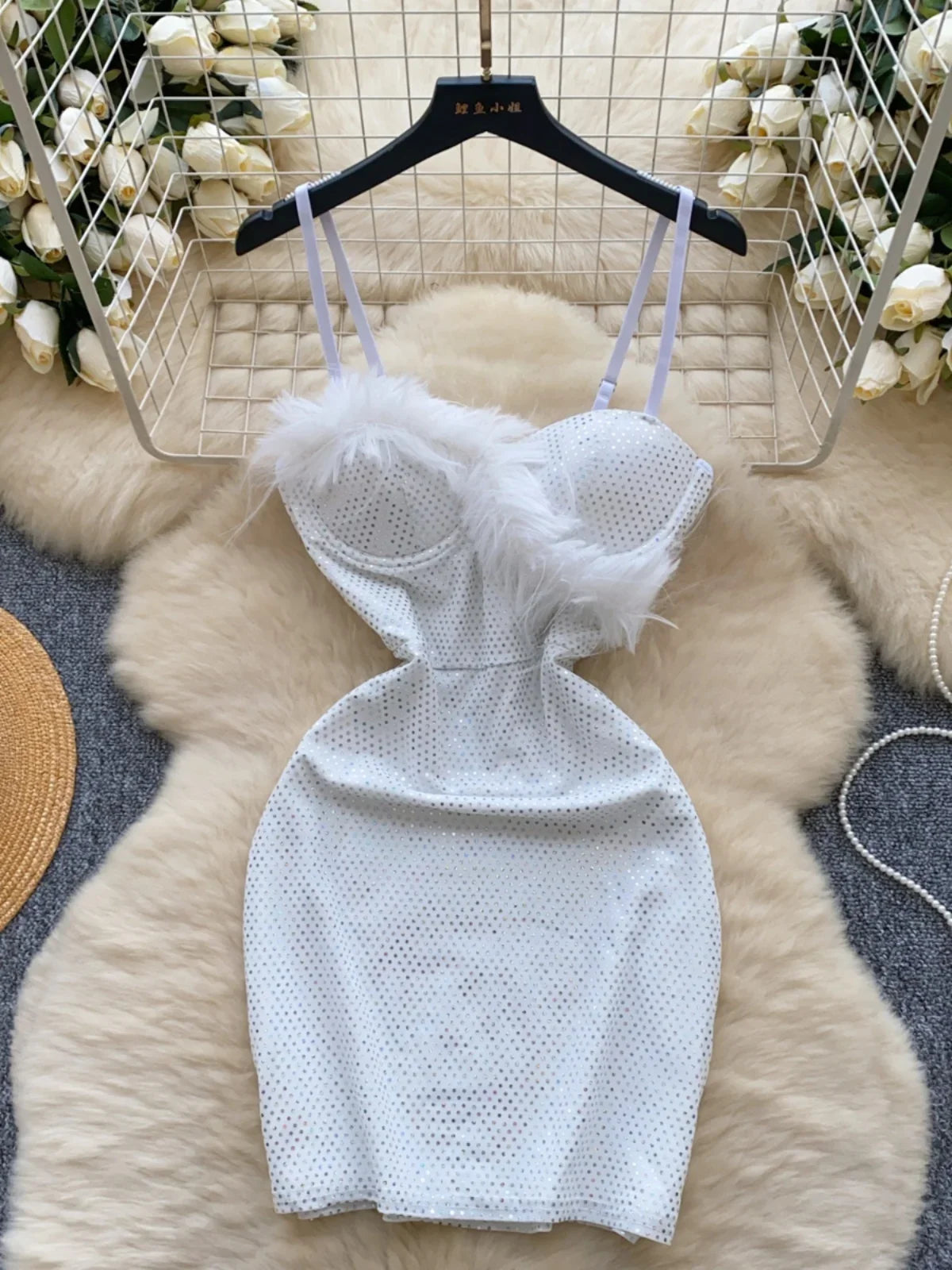 Sparkling White Bodycon Dress With Faux Fur Trim 2025 on Luulla
