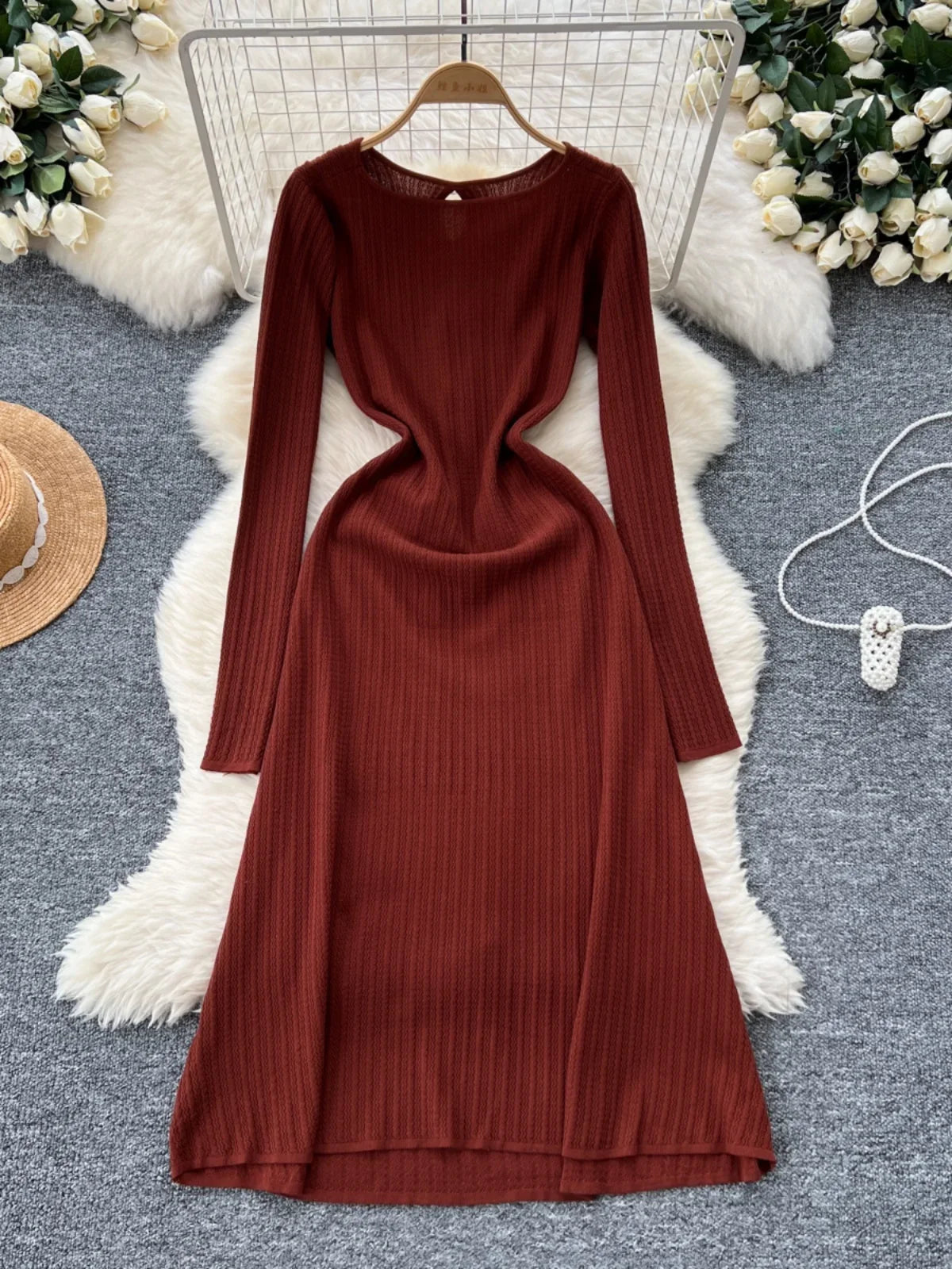 Long-sleeve Ribbed Knit Midi Dress, Rust 2025