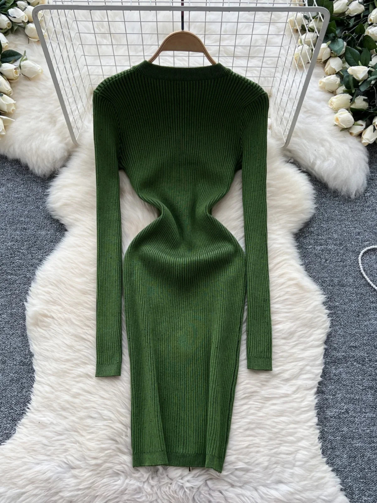 green long sleeve bandage dress Shop the Alena Long Sleeves Knit Bandage Midi Dress in Green main image 0
