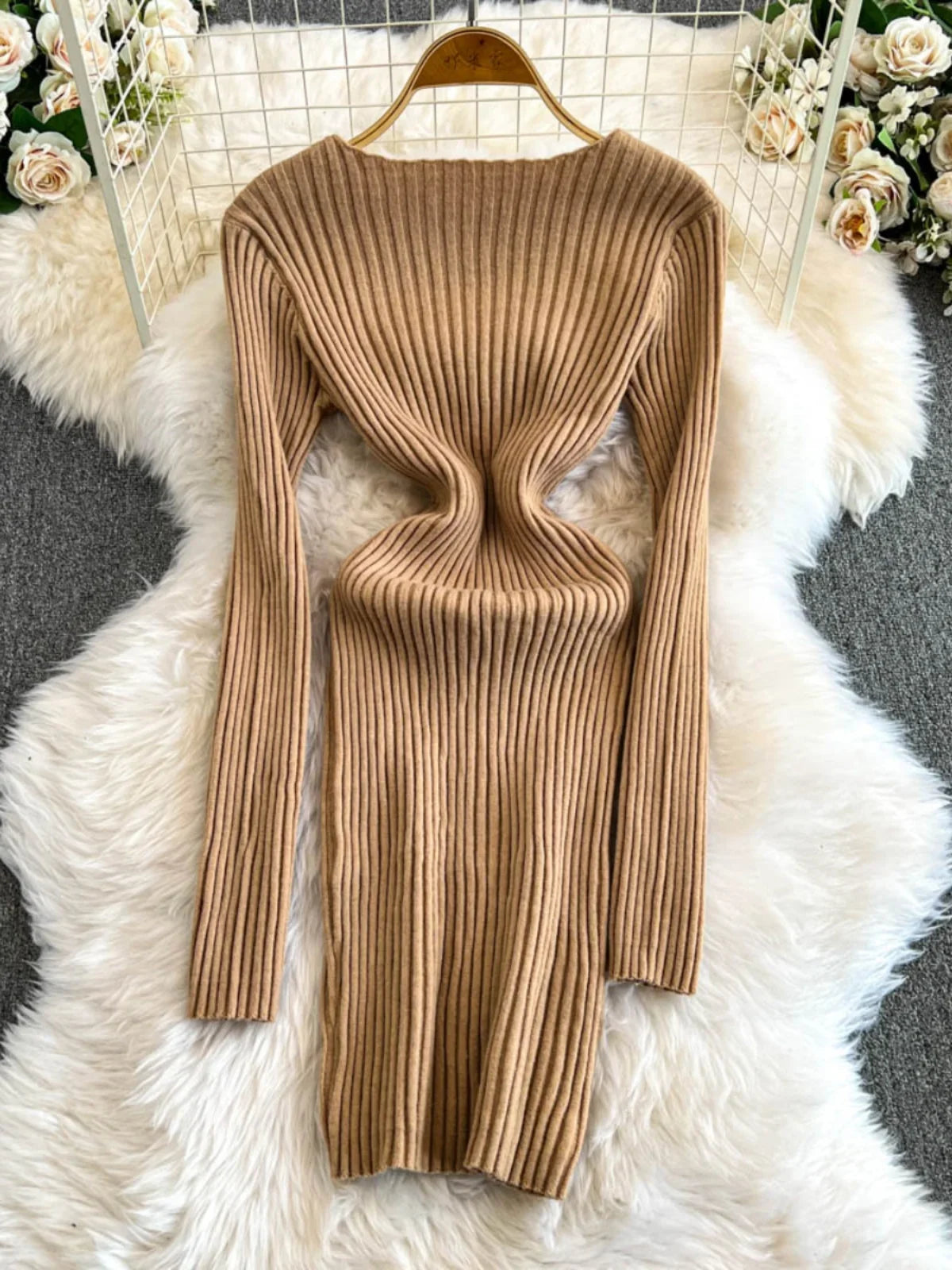 Ribbed Long Sleeve Backless Zipper Knit Dress 2025