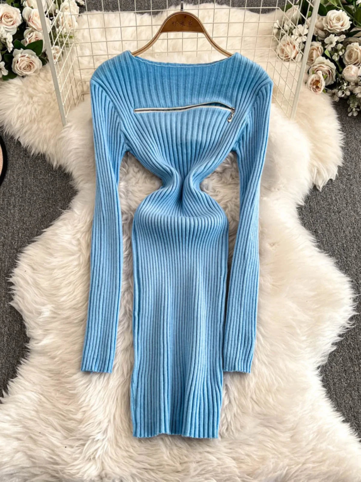 Ribbed Long Sleeve Backless Zipper Knit Dress 2025 on Luulla
