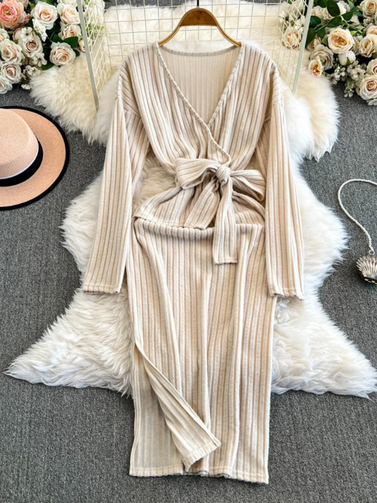 Knitted Beige Wrap Dress With Belted Waist 2025 on Luulla