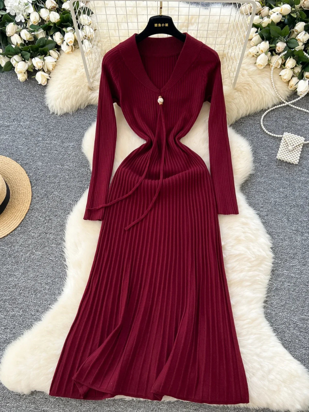 burgundy rib knit dress Karlie Rib Knit Sweater Dress - Red