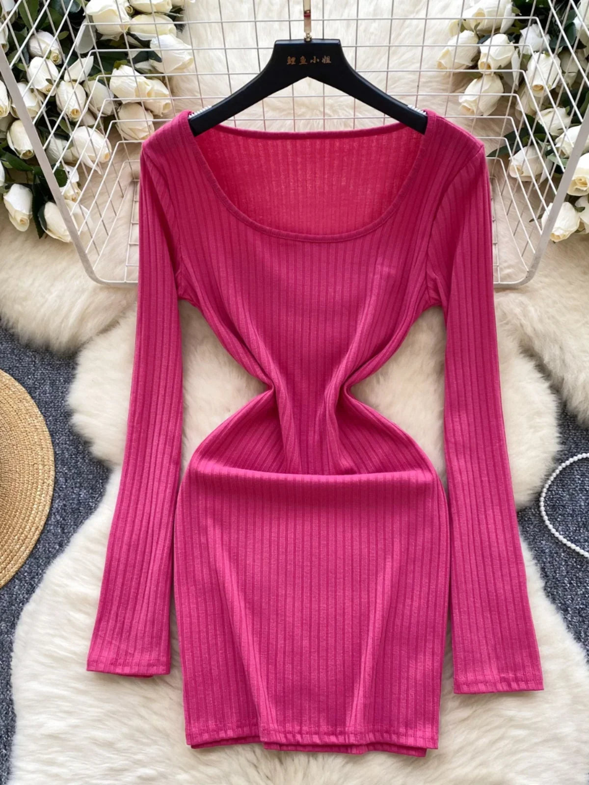 Womens Ribbed Long-sleeve Bodycon Dress Pink 2025 on Luulla