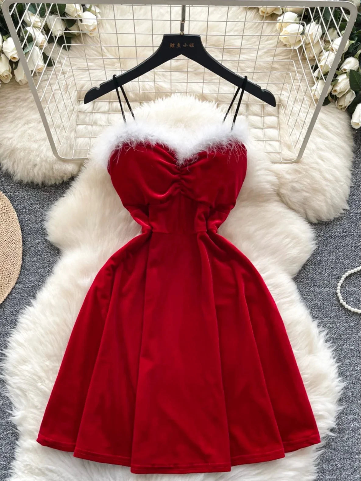 Fur Trim Bow Velvet Mini Dress Fur Trim Bow Velvet Mini Dress