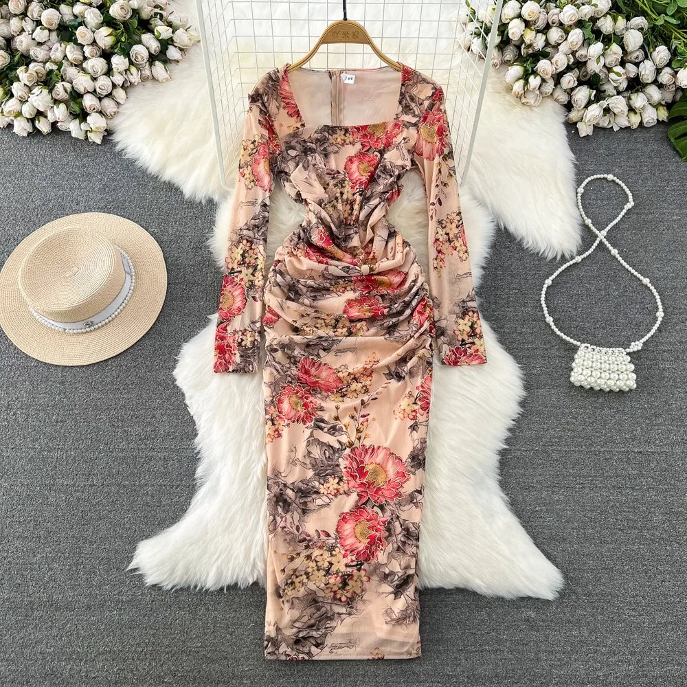 2025 Floral Long Sleeve Ruched Bodycon Midi Dress