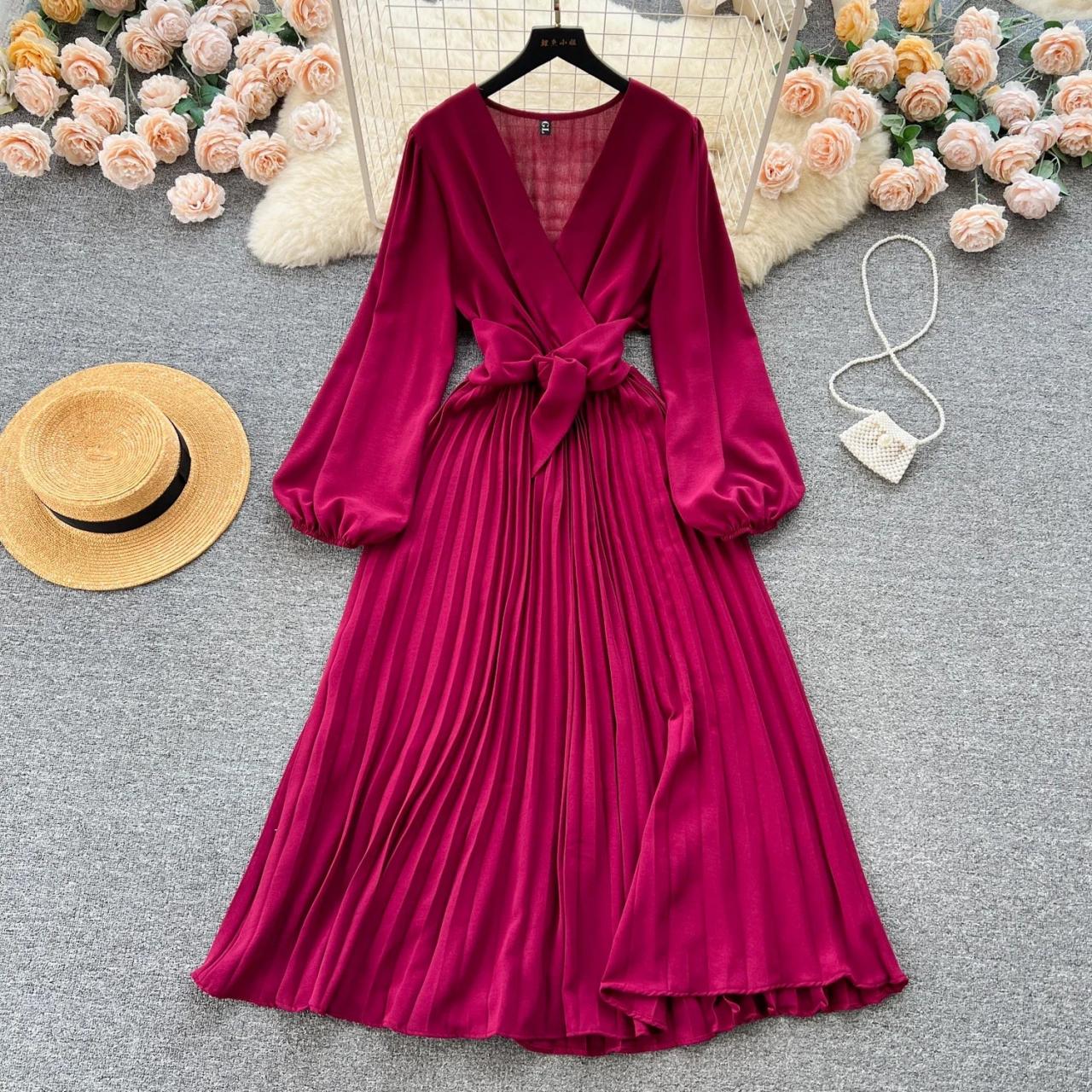 v neck long sleeves belted maxi dress Deep V Neck Puff Sleeve Belted Maxi Dress Purple / L