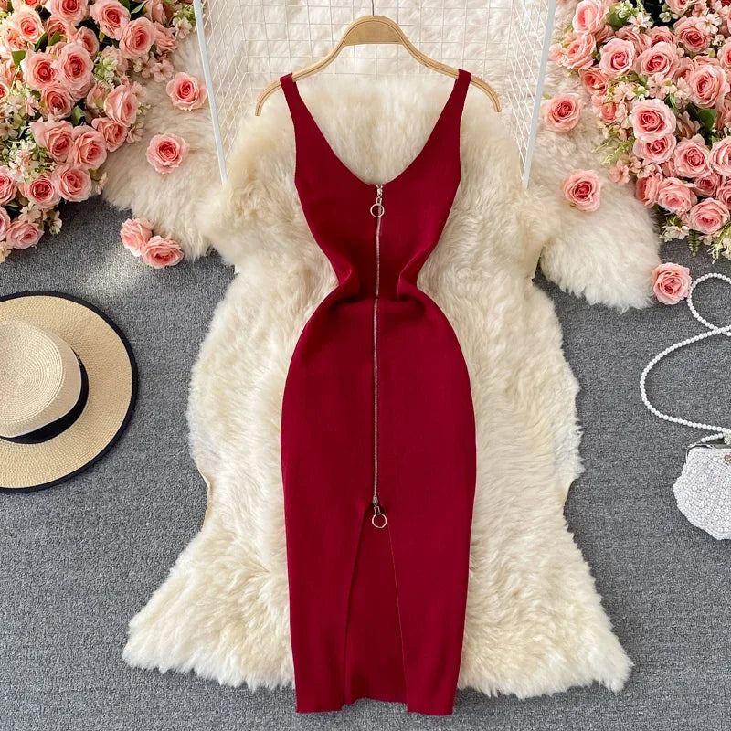 red front zipper dress The Evette Red Smocked Midi Dress - All Dresses