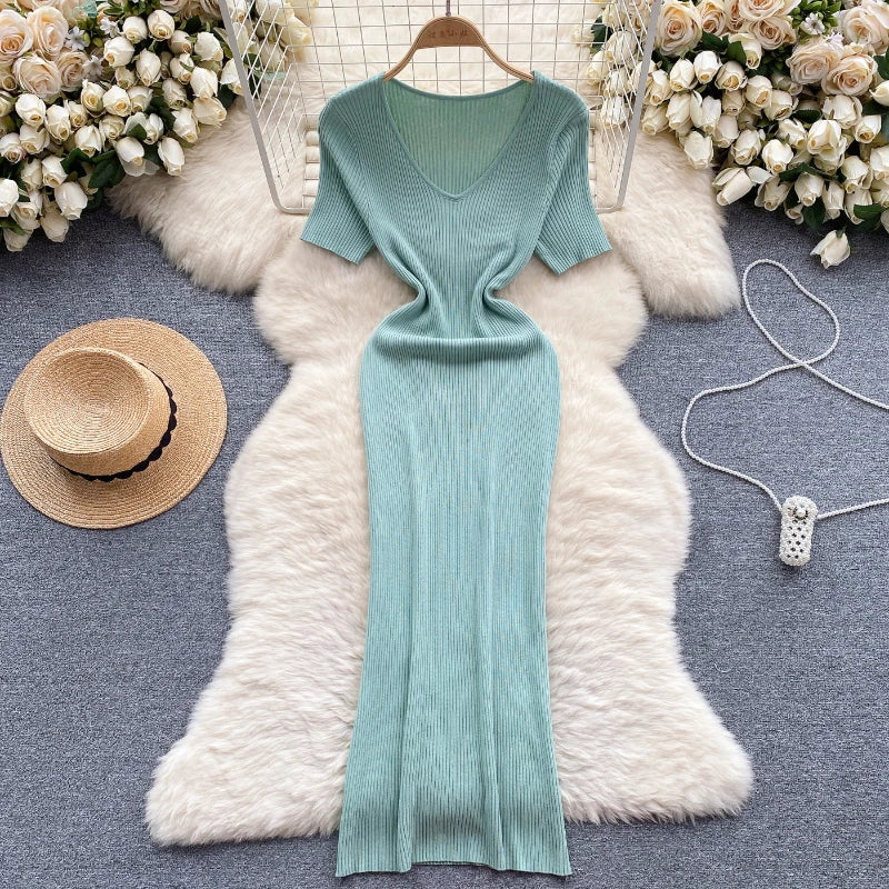 2025 Mint Green Ribbed Knit Maxi Dress