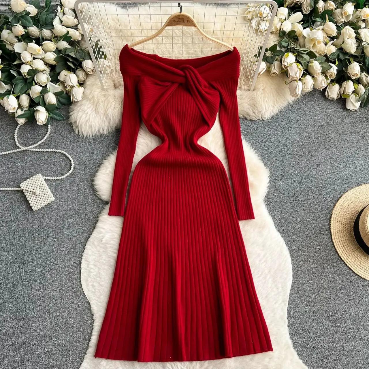 Knot-front Red Ribbed Long-sleeve Midi Dress 2025