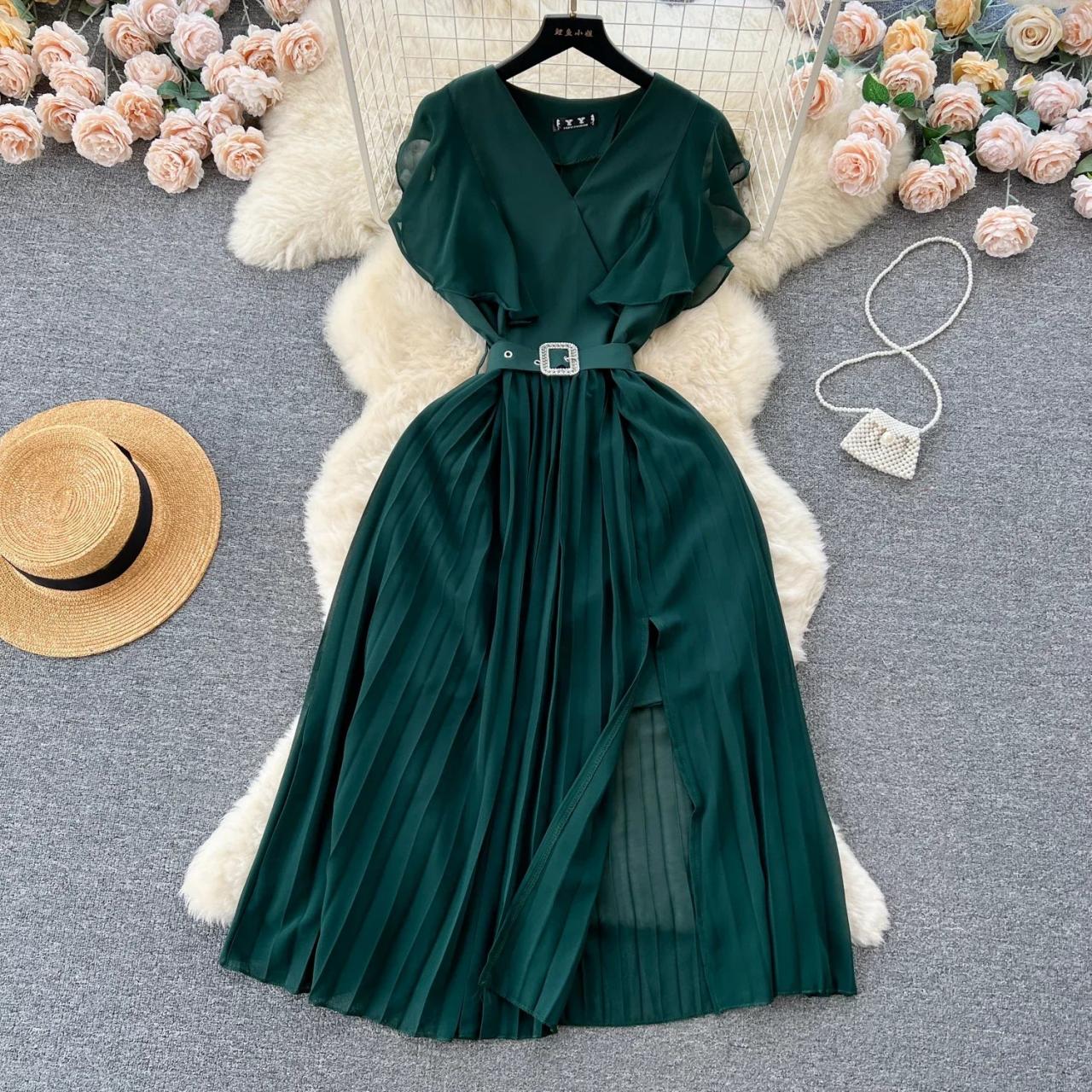 Dark Green Belted Pleated V-neck Wrap Dress 2025 on Luulla