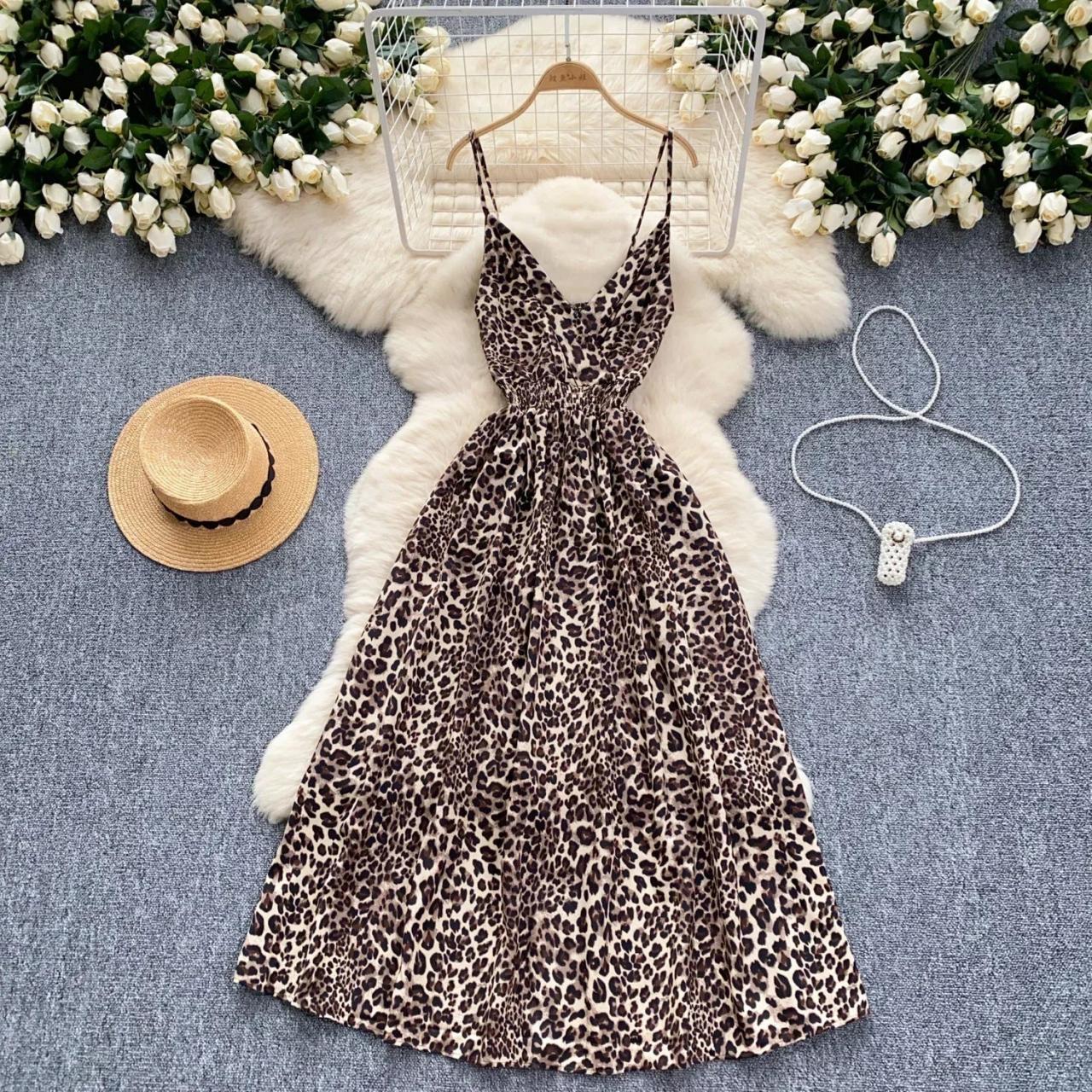 Womens Leopard Print Spaghetti Strap Summer Dress 2025 Midi Dress