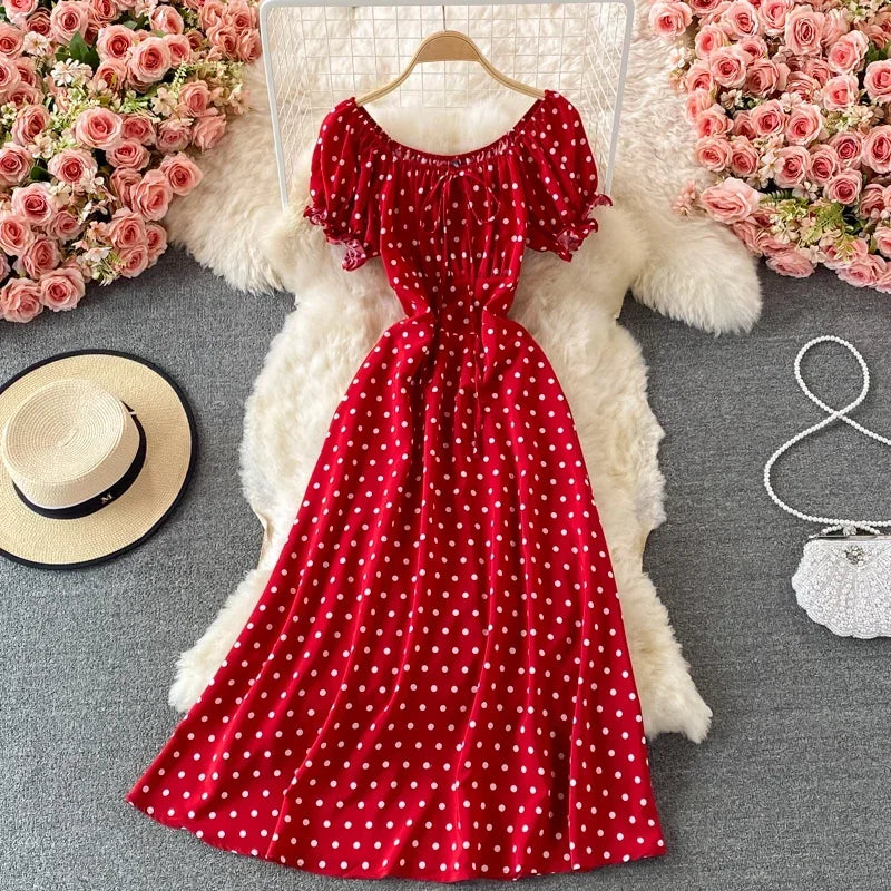 red polka dot off the shoulder dress Red Polka Dot Off-shoulder Maxi Dress 2025 Midi Dress