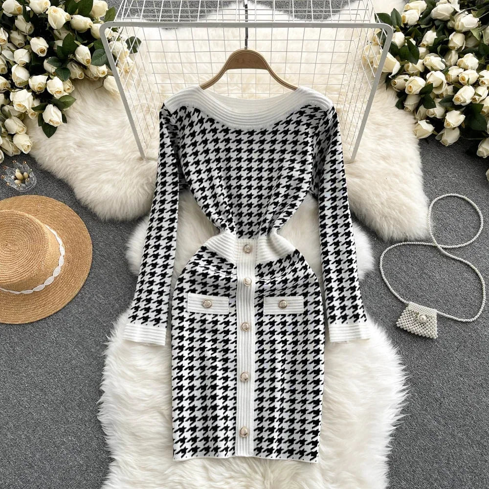 houndstooth bodycon dress Houndstooth Tweed Knit Bodycon Dress– Beyazura.com main image 1