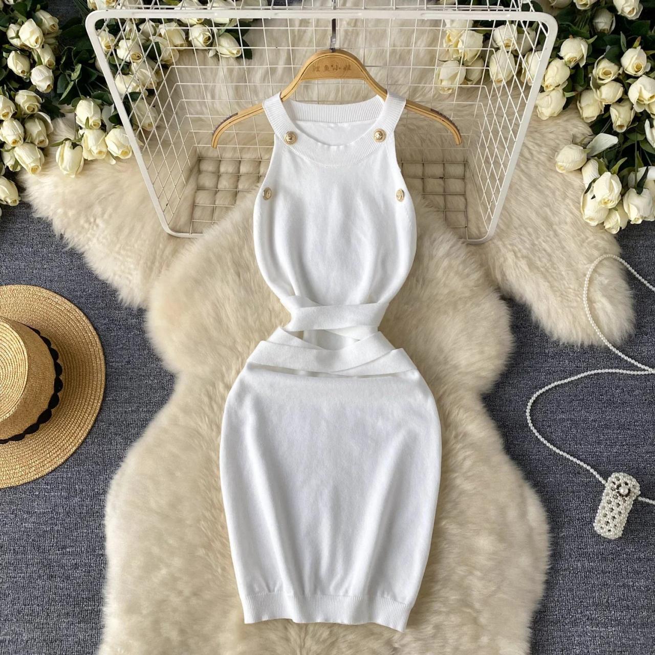 White Sleeveless Knit Dress With Button Accents on Luulla