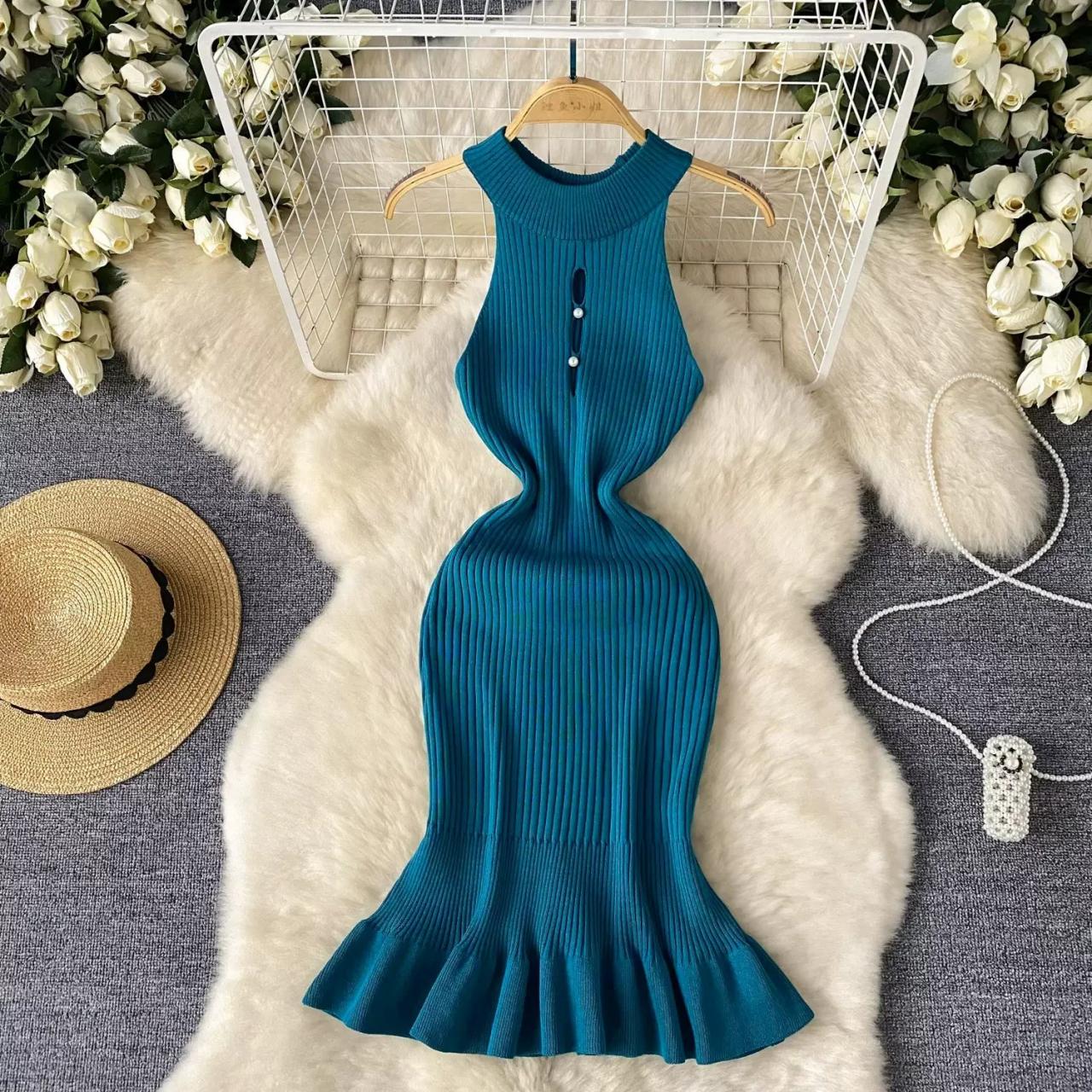 Sleeveless Ribbed Ruffle Hem Knit Midi Dress 2025