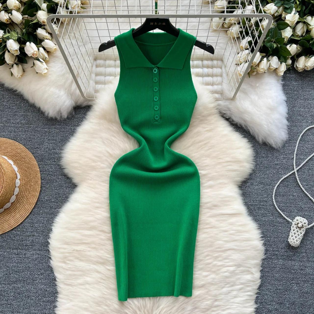 green ribbed collar dress Women's Green Dress Long Sleeve Mini Collar main image 0