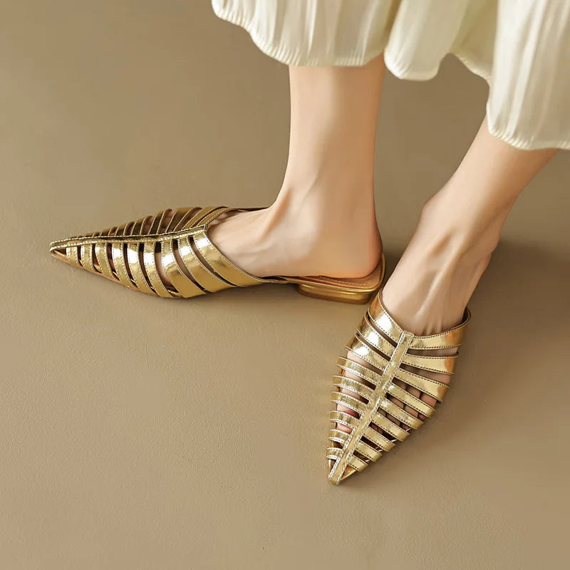 Metallic Gold Strappy Pointed Toe Slide Sandals