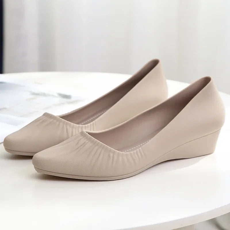 beige wedge dress shoes Womens Beige Slip-on Low Wedge Pumps