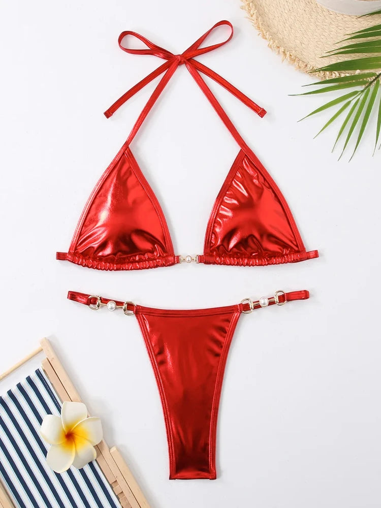 2025 Micro Bikini Set Shiny 2-piece Swimsuit Vacation Outfits For Women Solid Color Sexy Cross Lace-up Suspender Bathing Suit