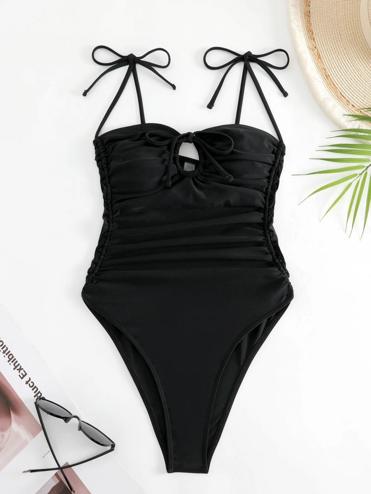 Sexy Bow Black Swimsuit One Piece Hollow Out Lace Tie Bikinis Thong Swimwear  Bodysuits Women Biquini on Luulla
