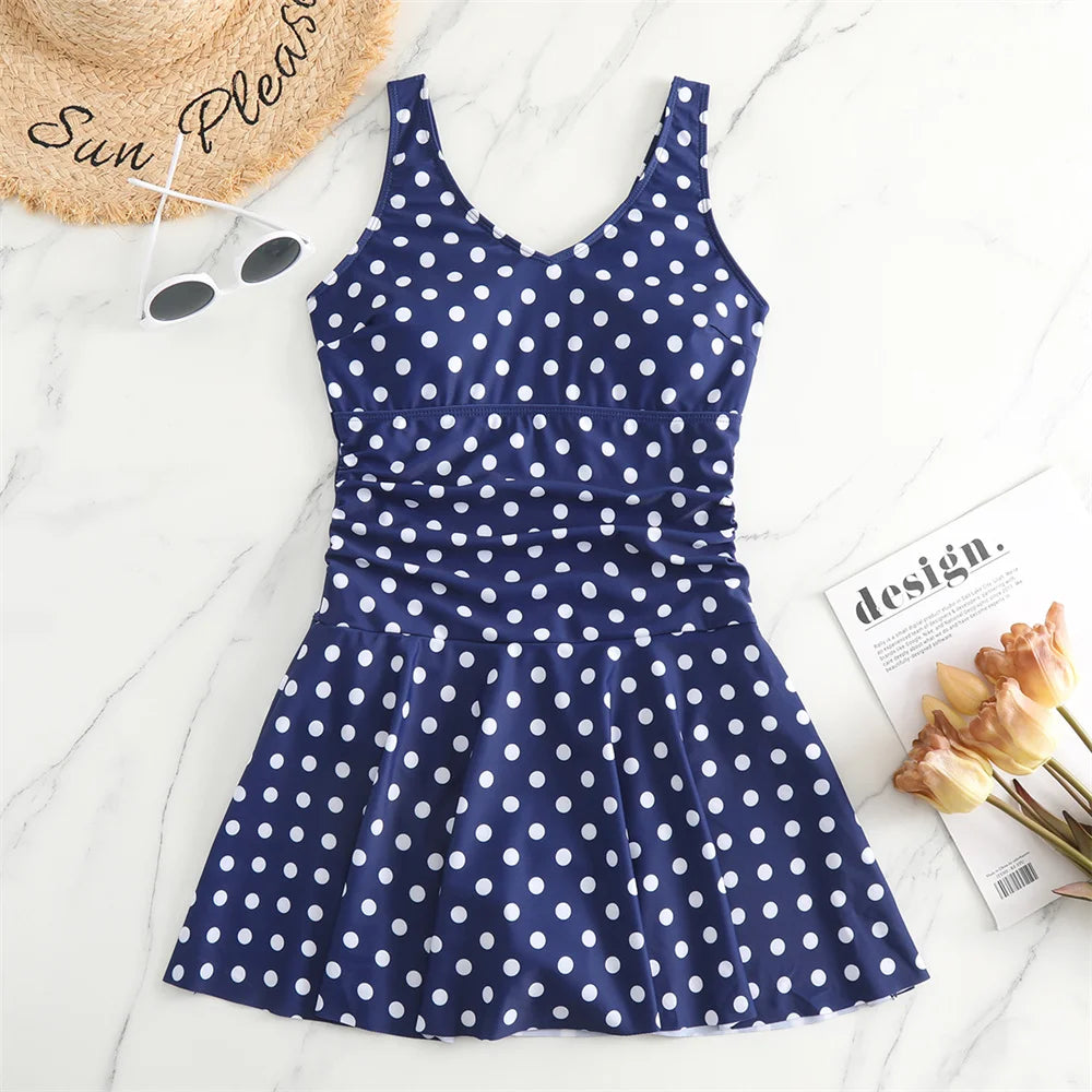 Navy Polka Dot Sleeveless Flared Skater Swim Dress Women's Swimsuit 2025 on  Luulla