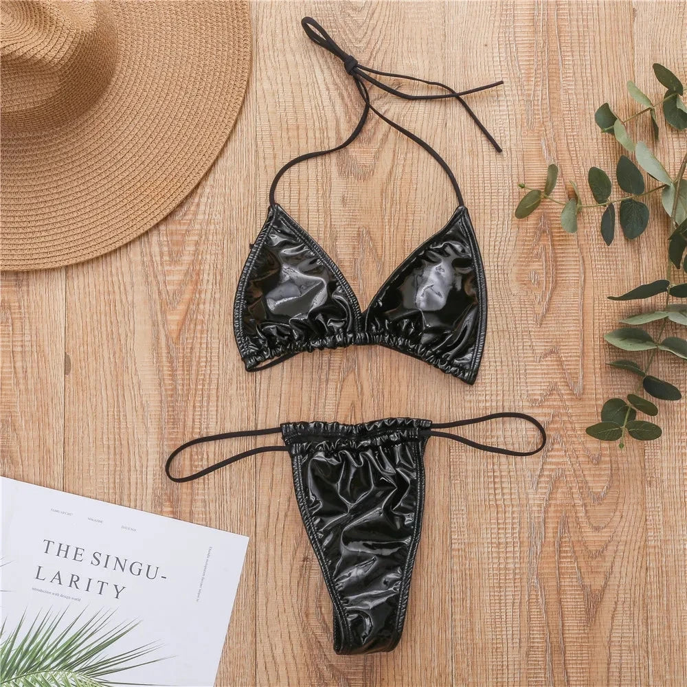 Shiny Black Triangle Bikini With Adjustable Straps 2025 Two