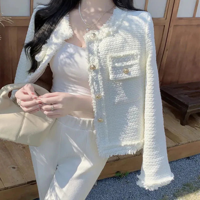 Womens Chic Textured Button-up White Tweed Jacket on Luulla
