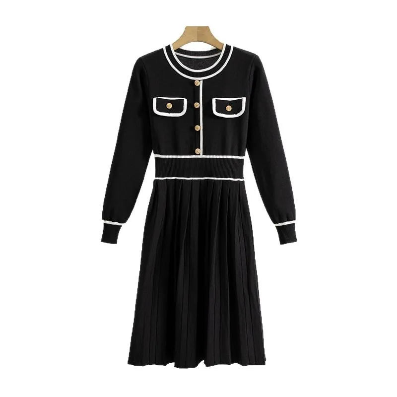 Black Knitted Dress With Gold Button Accents
