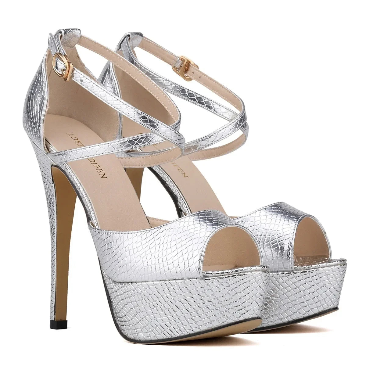 Silver High Heel Snakeskin Platform Sandal Pumps on Luulla
