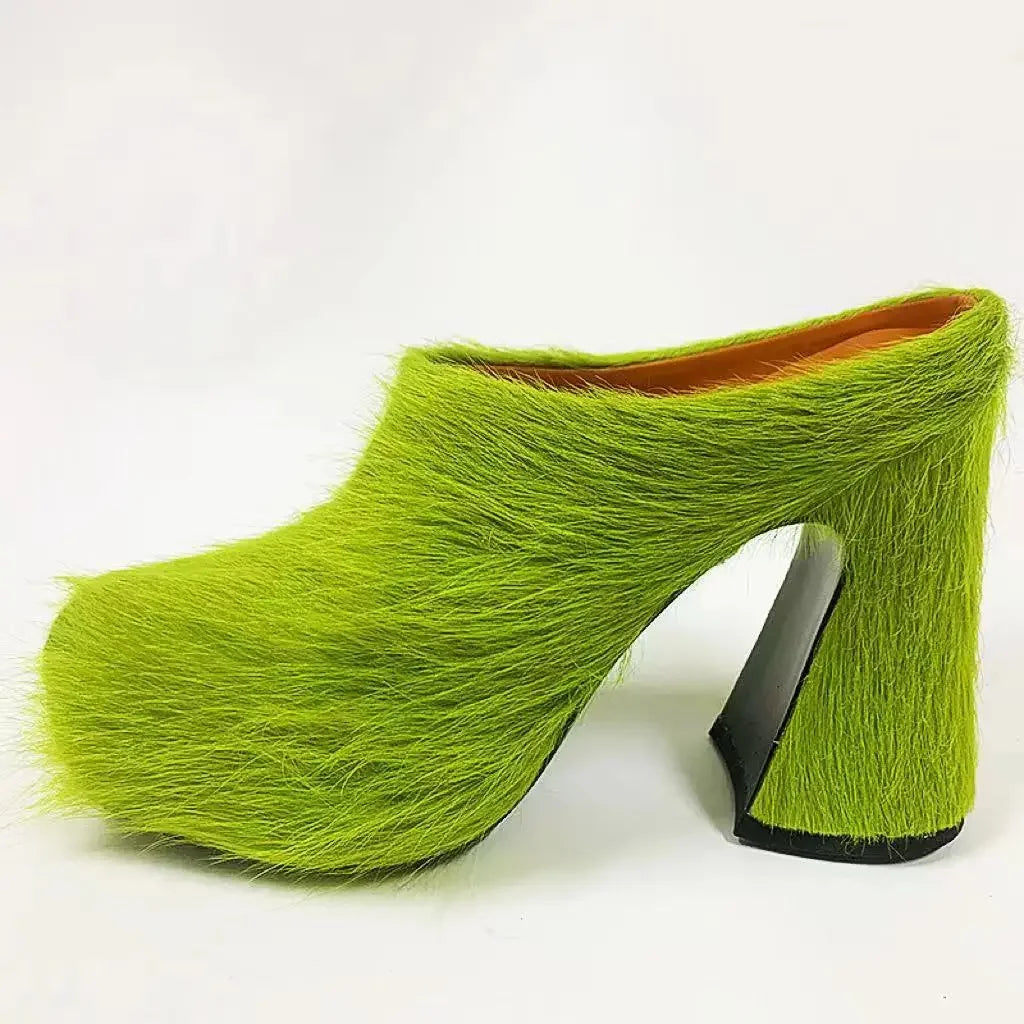 Vibrant Green Faux Fur Platform Block Heels on Luulla